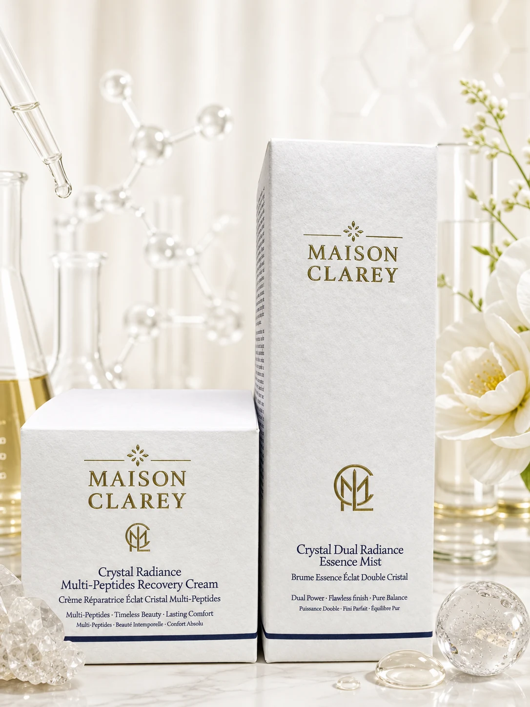 Maison Clarey packaging in a premium biotech skincare setting